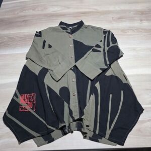Yasuko Button Down Tunic Women S/M Olive Green Black Abstract Cotton Art To Wear
